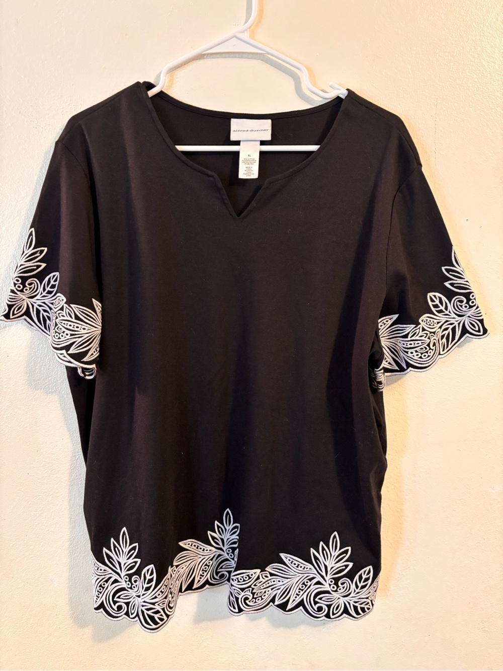 Alfred Dunner Black Short Sleeve Top with White Floral Embroidery